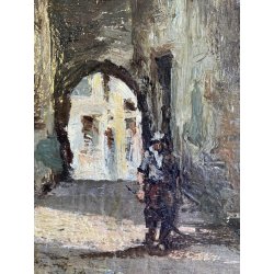 ANTICO DIPINTO OLIO A. Tominetti "Paese Montano" CERVINO ALPI BORGO CONTADINO