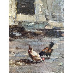 ANTICO DIPINTO OLIO A. Tominetti "Paese Montano" CERVINO ALPI BORGO CONTADINO