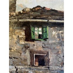 ANTICO DIPINTO OLIO A. Tominetti "Paese Montano" CERVINO ALPI BORGO CONTADINO