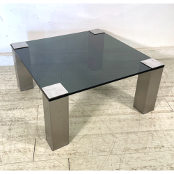 TAVOLINO SALA SALOTTO ACCIAIO VETRO FUME VINTAGE ANNI 70 DESIGN TABLE 74X74 CM