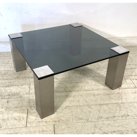 TAVOLINO SALA SALOTTO ACCIAIO VETRO FUME VINTAGE ANNI 70 DESIGN TABLE 74X74 CM