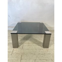 TAVOLINO SALA SALOTTO ACCIAIO VETRO FUME VINTAGE ANNI 70 DESIGN TABLE 74X74 CM