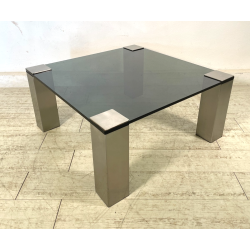 TAVOLINO SALOTTO SALA ACCIAIO VETRO FUME VINTAGE ANNI 70 DESIGN TABLE 74X74 CM