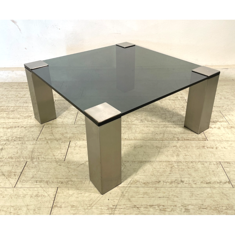 TAVOLINO SALOTTO SALA ACCIAIO VETRO FUME VINTAGE ANNI 70 DESIGN TABLE 74X74 CM
