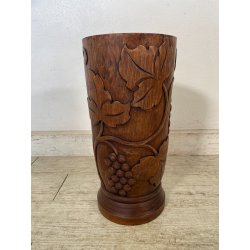 ANTICO VASO PORTAOMBRELLI LEGNO DECORO SCOLPITO EPOCA '900 FOGLIE UVA BASTONI