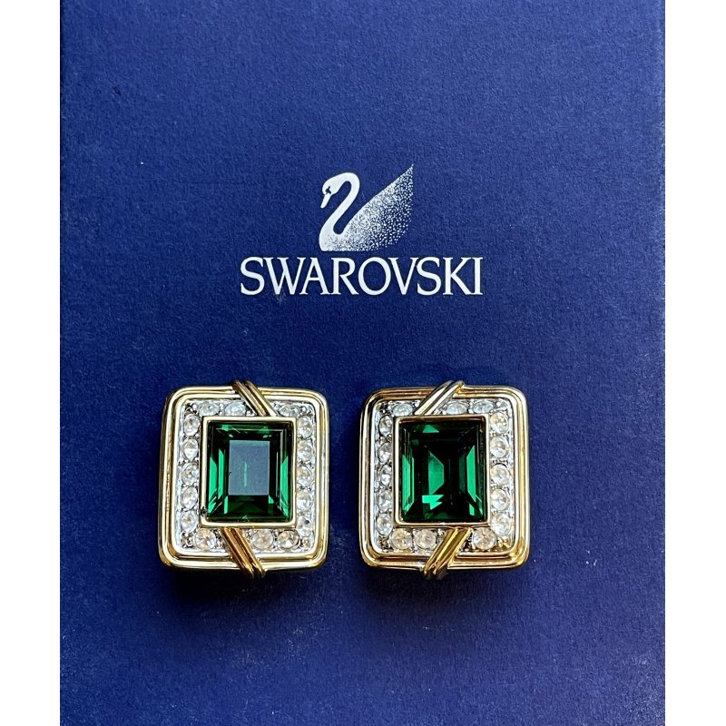 SWAROVSKI ORECCHINI a clip VINTAGE DORATI con STRASS e pietra VERDE SMERALDO