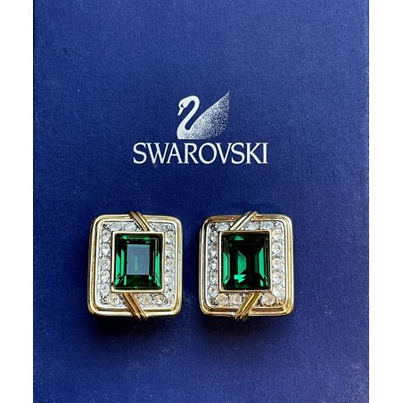 SWAROVSKI ORECCHINI a clip VINTAGE DORATI con STRASS e pietra VERDE SMERALDO