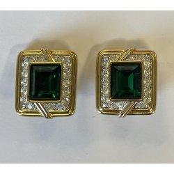 SWAROVSKI ORECCHINI a clip VINTAGE DORATI con STRASS e pietra VERDE SMERALDO