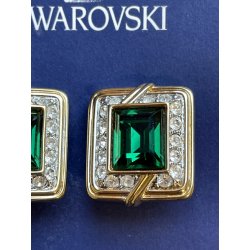 SWAROVSKI ORECCHINI a clip VINTAGE DORATI con STRASS e pietra VERDE SMERALDO