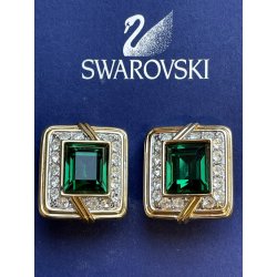 SWAROVSKI ORECCHINI a clip VINTAGE DORATI con STRASS e pietra VERDE SMERALDO