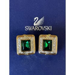 SWAROVSKI ORECCHINI a clip VINTAGE DORATI con STRASS e pietra VERDE SMERALDO