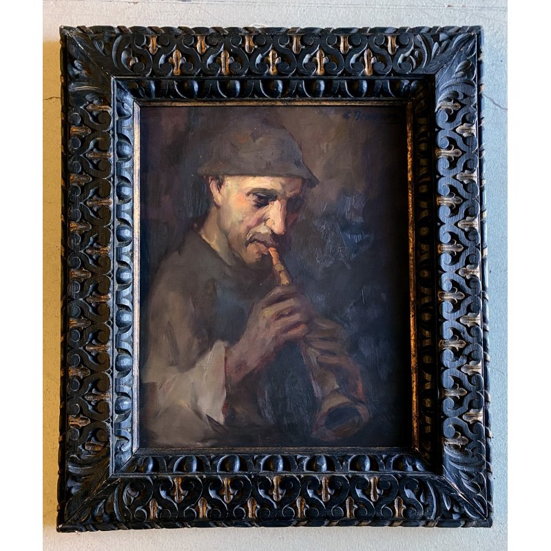 ANTICO QUADRO DIPINTO OLIO RITRATTO MUSICO PIFFERO CORNICE INTAGLIATA EBANO ORO