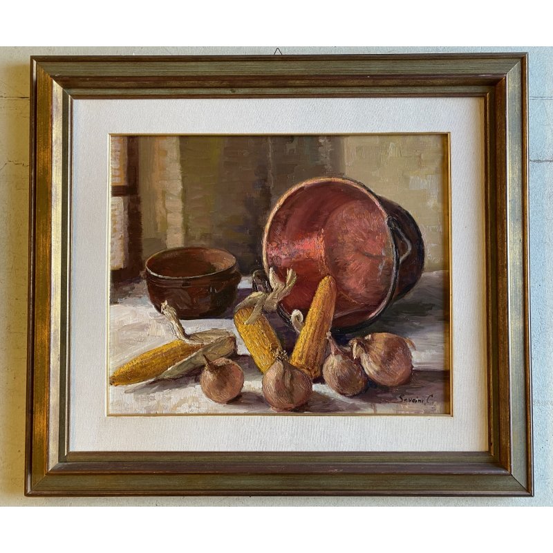 QUADRO DIPINTO OLIO Savoini C.  NATURA MORTA PANNOCCHIE CIPOLLE PAIOLI RAME '900