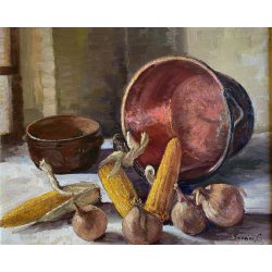 QUADRO DIPINTO OLIO Savoini C.  NATURA MORTA PANNOCCHIE CIPOLLE PAIOLI RAME '900