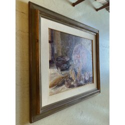 QUADRO DIPINTO OLIO Savoini C.  NATURA MORTA PANNOCCHIE CIPOLLE PAIOLI RAME '900