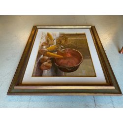 QUADRO DIPINTO OLIO Savoini C.  NATURA MORTA PANNOCCHIE CIPOLLE PAIOLI RAME '900