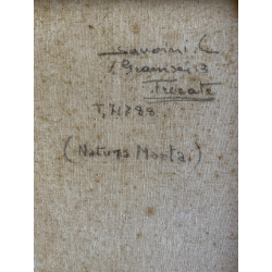 QUADRO DIPINTO OLIO Savoini C.  NATURA MORTA PANNOCCHIE CIPOLLE PAIOLI RAME '900