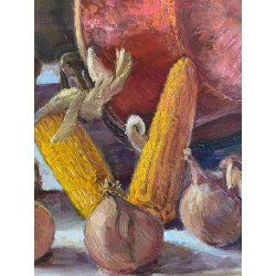 QUADRO DIPINTO OLIO Savoini C.  NATURA MORTA PANNOCCHIE CIPOLLE PAIOLI RAME '900