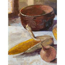 QUADRO DIPINTO OLIO Savoini C.  NATURA MORTA PANNOCCHIE CIPOLLE PAIOLI RAME '900