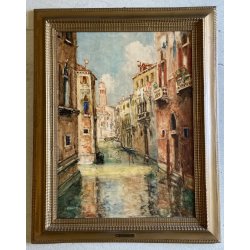 ANTICO DIPINTO olio GUAZZO VEDUTA CANALE VENEZIA B. Olivieri CORNICE GUILLOCHE