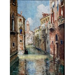 ANTICO DIPINTO olio GUAZZO VEDUTA CANALE VENEZIA B. Olivieri CORNICE GUILLOCHE