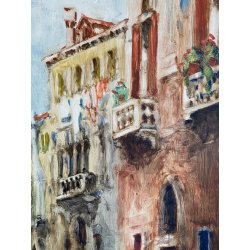 ANTICO DIPINTO olio GUAZZO VEDUTA CANALE VENEZIA B. Olivieri CORNICE GUILLOCHE