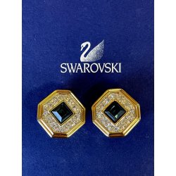 ORECCHINI SWAROVSKI a clip VINTAGE DORATI con STRASS e pietra BLU ZAFFIRO