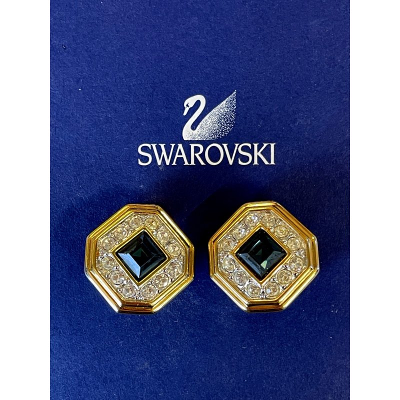 ORECCHINI SWAROVSKI a clip VINTAGE DORATI con STRASS e pietra BLU ZAFFIRO