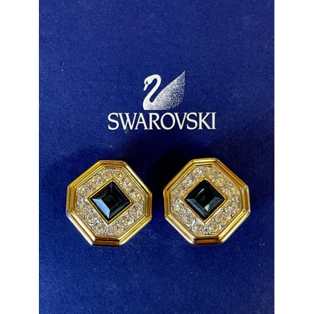 ORECCHINI SWAROVSKI a clip VINTAGE DORATI con STRASS e pietra BLU ZAFFIRO