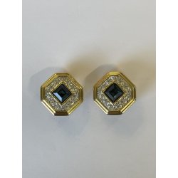 ORECCHINI SWAROVSKI a clip VINTAGE DORATI con STRASS e pietra BLU ZAFFIRO