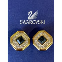 ORECCHINI SWAROVSKI a clip VINTAGE DORATI con STRASS e pietra BLU ZAFFIRO