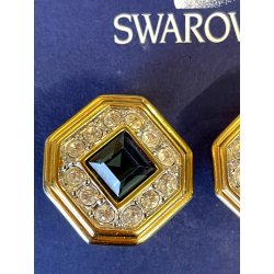 ORECCHINI SWAROVSKI a clip VINTAGE DORATI con STRASS e pietra BLU ZAFFIRO