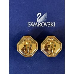 ORECCHINI SWAROVSKI a clip VINTAGE DORATI con STRASS e pietra BLU ZAFFIRO