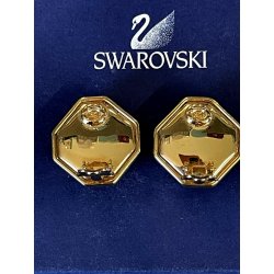 ORECCHINI SWAROVSKI a clip VINTAGE DORATI con STRASS e pietra BLU ZAFFIRO