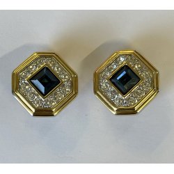 ORECCHINI SWAROVSKI a clip VINTAGE DORATI con STRASS e pietra BLU ZAFFIRO