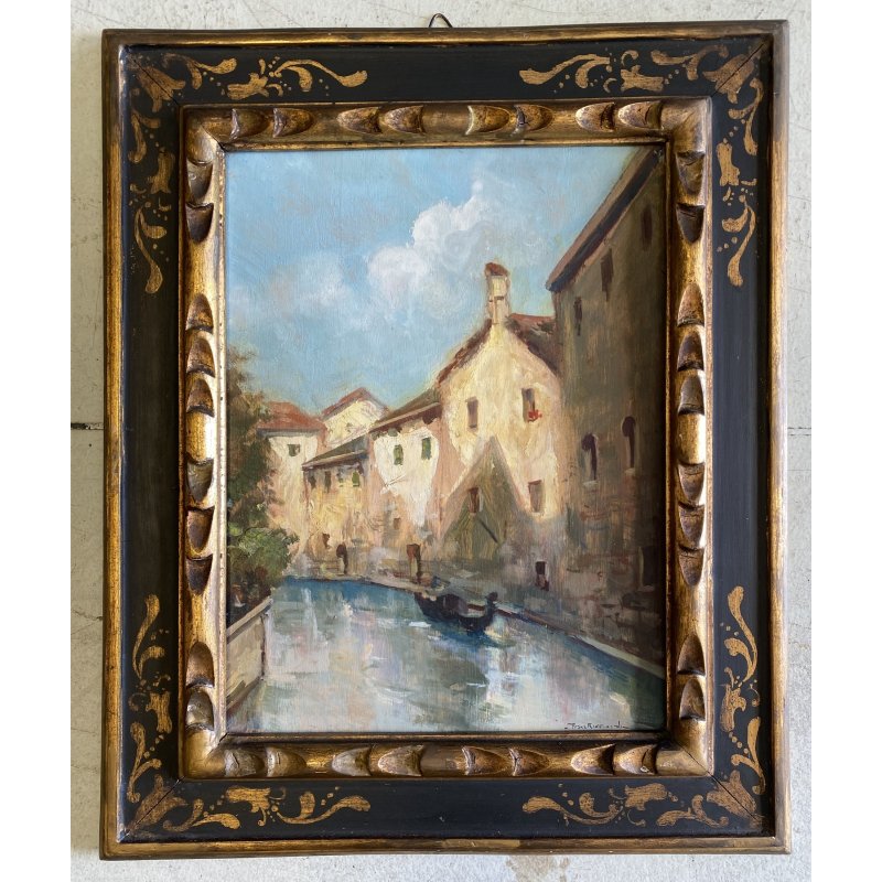 ANTICO DIPINTO Franz Ricciardi PAESAGGIO VEDUTA CANALE Venezia GONDOLA '900