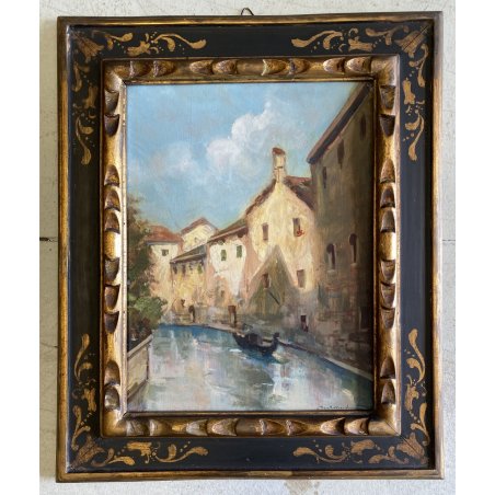 ANTICO DIPINTO Franz Ricciardi PAESAGGIO VEDUTA CANALE Venezia GONDOLA '900