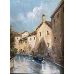 ANTICO DIPINTO Franz Ricciardi PAESAGGIO VEDUTA CANALE Venezia GONDOLA '900
