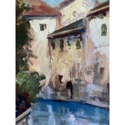 ANTICO DIPINTO Franz Ricciardi PAESAGGIO VEDUTA CANALE Venezia GONDOLA '900