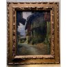 ANTICO DIPINTO OLIO PAESAGGIO MONTANO SCORCIO VICOLO PAESE CASCINE CORNICE '900