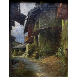 ANTICO DIPINTO OLIO PAESAGGIO MONTANO SCORCIO VICOLO PAESE CASCINE CORNICE '900