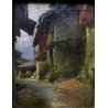 ANTICO DIPINTO OLIO PAESAGGIO MONTANO SCORCIO VICOLO PAESE CASCINE CORNICE '900