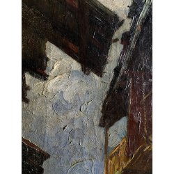 ANTICO DIPINTO OLIO PAESAGGIO MONTANO SCORCIO VICOLO PAESE CASCINE CORNICE '900