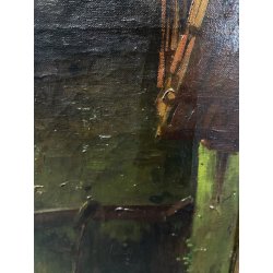 ANTICO DIPINTO OLIO PAESAGGIO MONTANO SCORCIO VICOLO PAESE CASCINE CORNICE '900