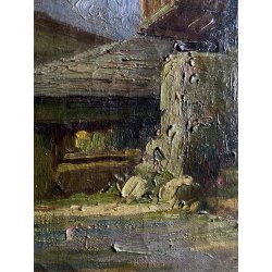 ANTICO DIPINTO OLIO PAESAGGIO MONTANO SCORCIO VICOLO PAESE CASCINE CORNICE '900