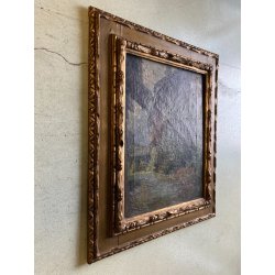 ANTICO DIPINTO OLIO PAESAGGIO MONTANO SCORCIO VICOLO PAESE CASCINE CORNICE '900