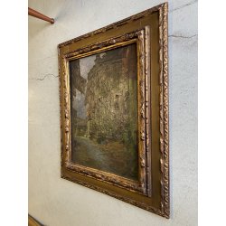 ANTICO DIPINTO OLIO PAESAGGIO MONTANO SCORCIO VICOLO PAESE CASCINE CORNICE '900