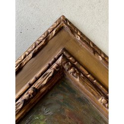 ANTICO DIPINTO OLIO PAESAGGIO MONTANO SCORCIO VICOLO PAESE CASCINE CORNICE '900