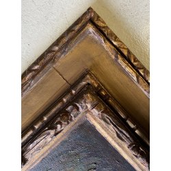 ANTICO DIPINTO OLIO PAESAGGIO MONTANO SCORCIO VICOLO PAESE CASCINE CORNICE '900