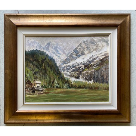 QUADRO DIPINTO OLIO Gianni Alloisi Il Monte Rosa da Macugnaga PAESAGGIO MONTAGNA